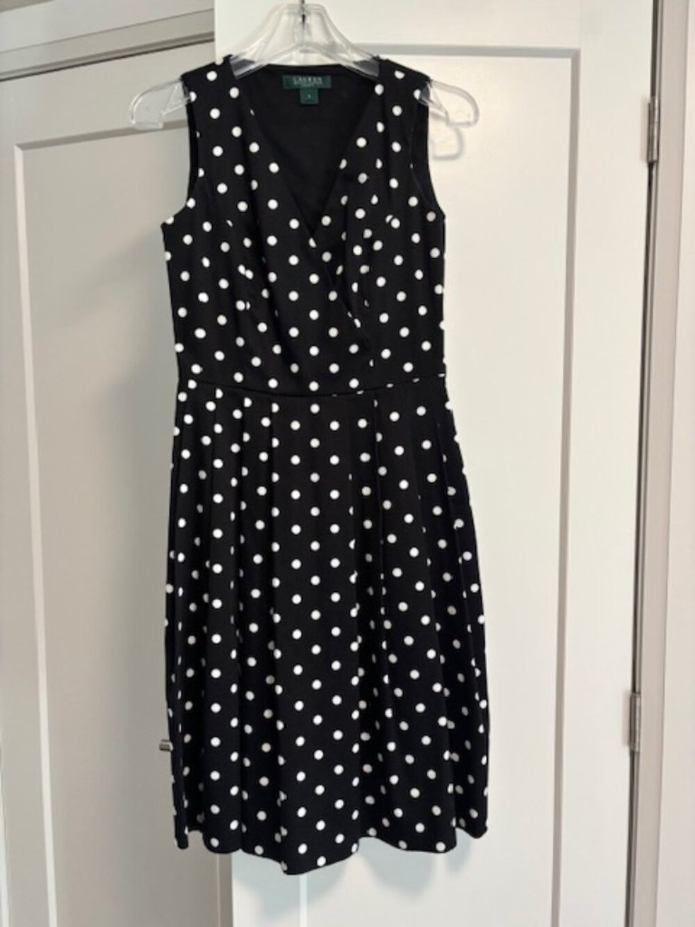 Ralph Lauren Cotton V-Neck Dress, Size 2, Black with White Polka Dots, AS NEW